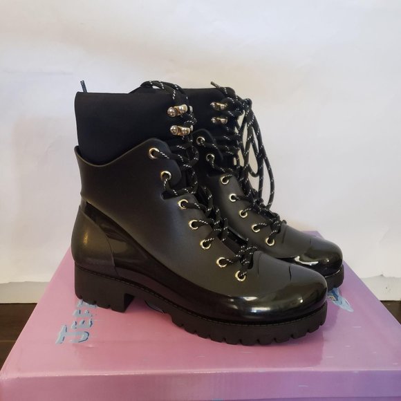 Jeffrey Campbell Foggy Lace-up  Rainboot Black 7 - Picture 8 of 11